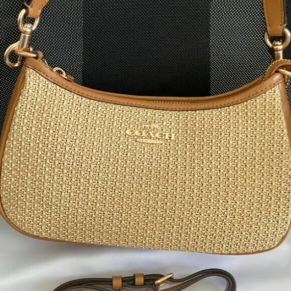 NWT Coach Teri 2way Shoulder Bag Crossbody Straw/Leather Latte CR350 - Picture 4 of 6